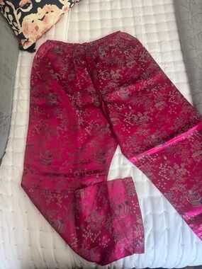 Deep Pink Satin Floral Chinese Pajama Pants